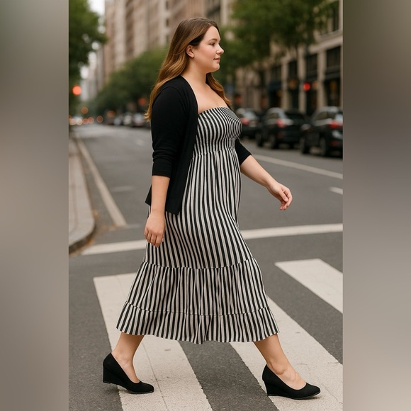 Terra & Sky Plus Size 3X Convertible Smocked Skirt Dress Black White Striped NWT - Picture 1 of 8